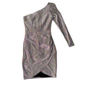 Aqua Silver Metallic One Shoulder Mini Dress